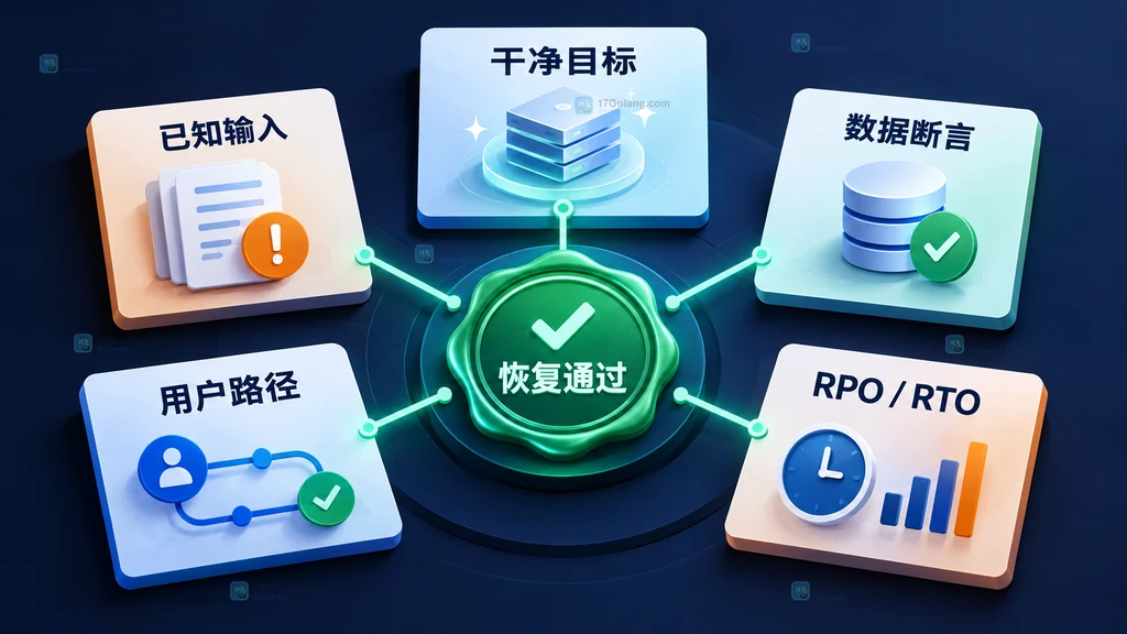 Kubernetes 端到端恢复演练的已知输入、干净目标、数据断言、用户路径与RPO RTO检查板