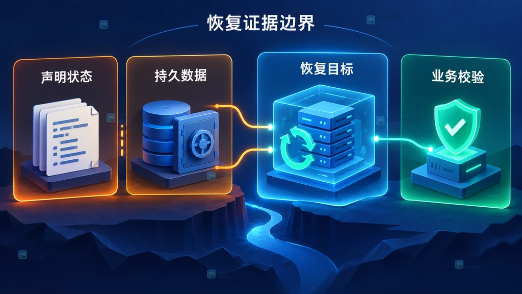 Kubernetes 灾备中声明状态、持久数据、恢复目标与业务校验四个边界的静态关系图