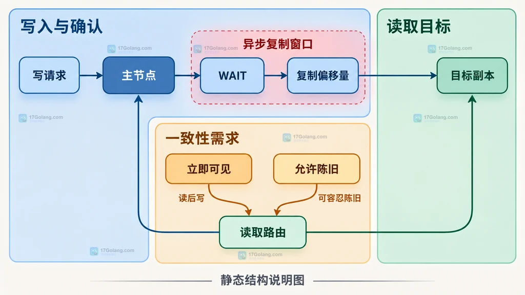 Redis 主节点读取、WAIT 确认、副本陈旧读与业务一致性要求的静态关系图