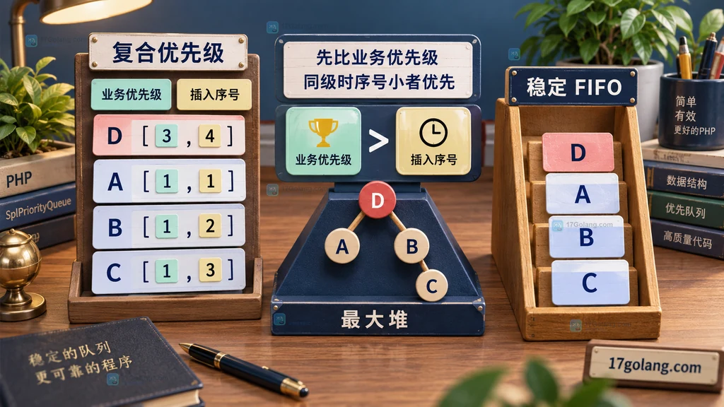 SplPriorityQueue 使用业务优先级与插入序号组成复合优先级实现稳定 FIFO