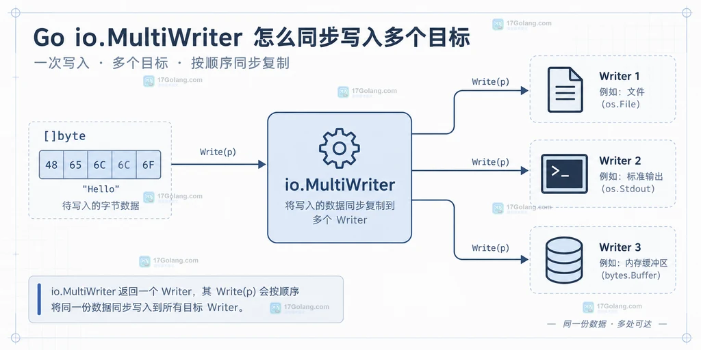 Go io.MultiWriter 将同一份字节连接到文件、缓冲区和日志目标的静态结构说明图