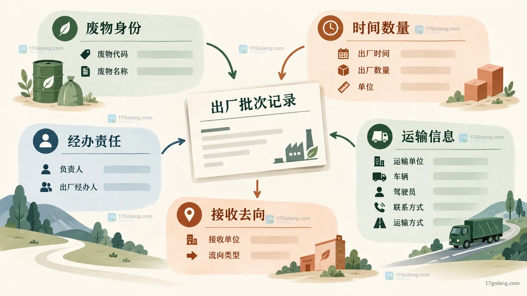 一般工业固废出厂批次记录的废物、时间数量、经办、运输和接收去向字段说明图