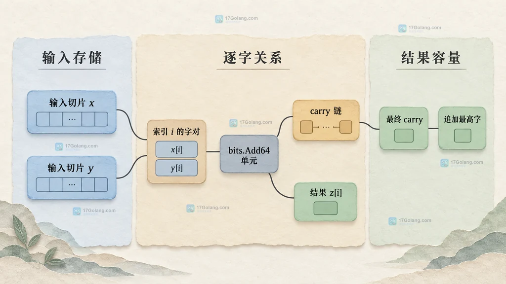Go bits.Add64 多字长切片进位链与结果扩容静态关系图