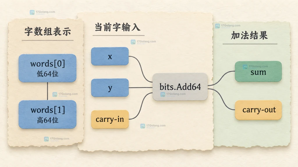 Go 多字长整数低位字在前与 bits.Add64 输入输出静态结构图