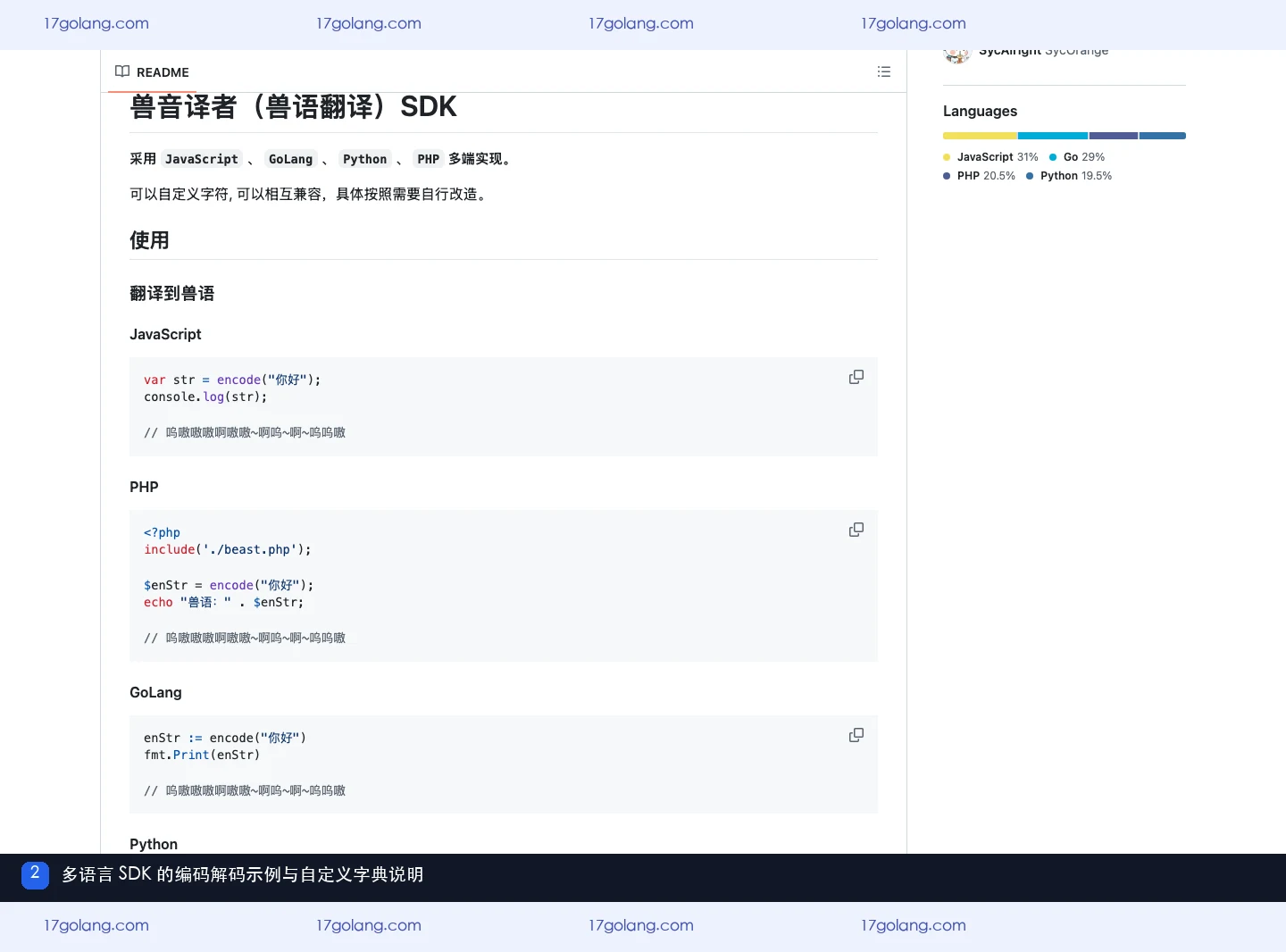兽音译者多语言 SDK README 中的编码解码示例和自定义字典说明