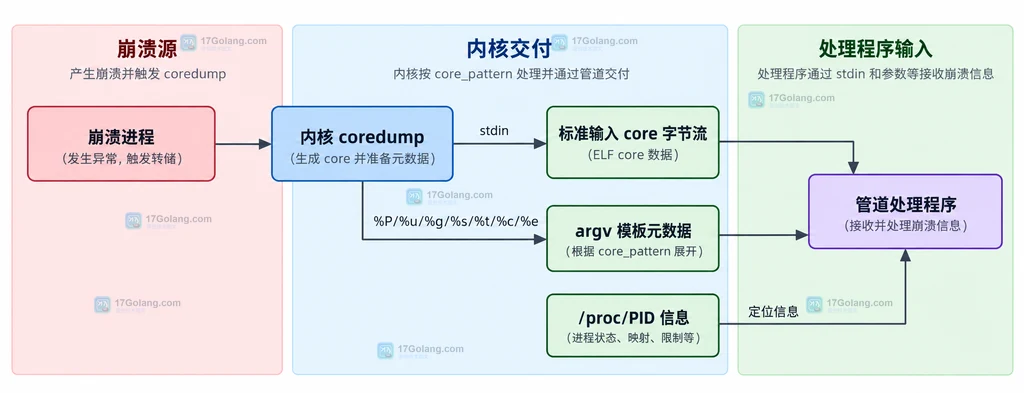 Linux core_pattern 管道中崩溃进程、内核、标准输入 core 字节流、argv 元数据与 proc PID 信息的静态关系图