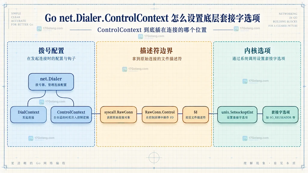 net.Dialer、ControlContext、RawConn.Control 与底层套接字选项的静态调用边界