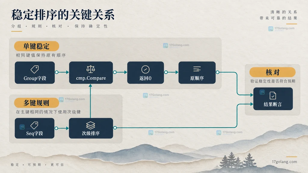 Go 稳定排序比较器返回零和次级排序对原顺序的影响关系图