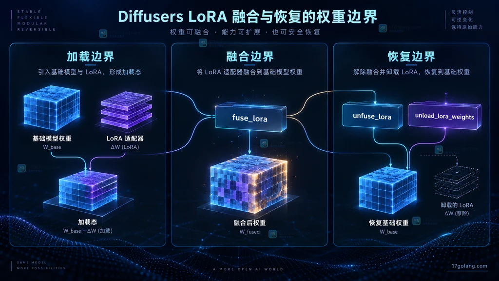 Diffusers LoRA 加载、融合与恢复的权重边界原创关系图