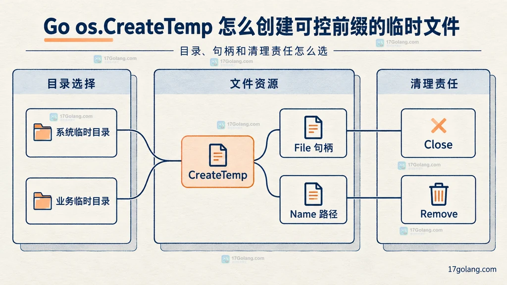 Go 临时目录、CreateTemp、File 句柄、Name 路径和清理函数静态资源关系图