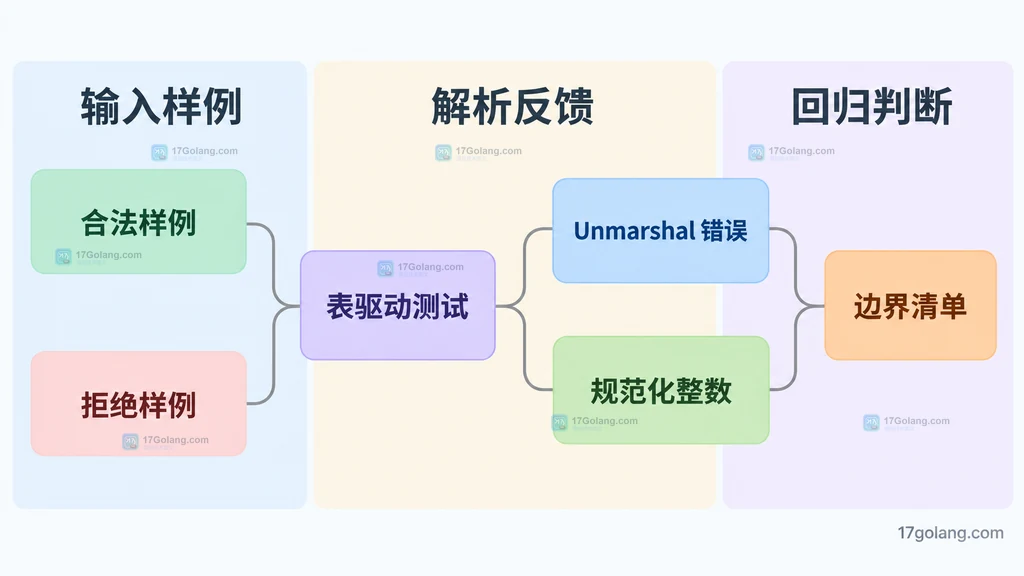 合法样例、拒绝样例、表驱动测试与回归边界的静态说明图