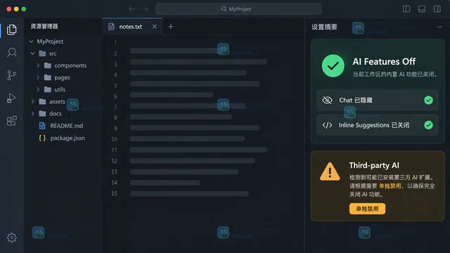 VS Code 怎么为单个工作区关闭全部 AI 功能