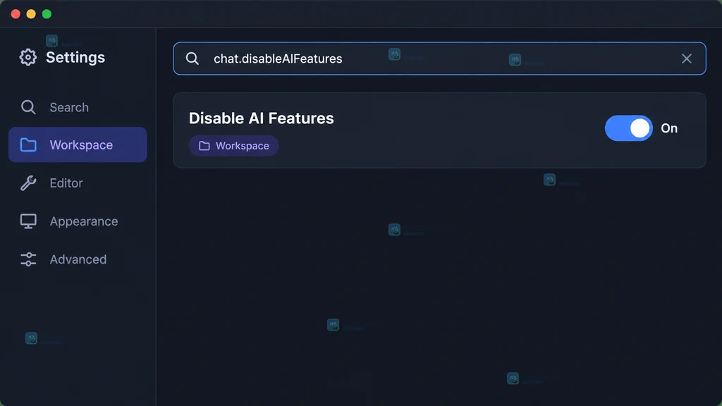 原创代码编辑器 Workspace 设置中 Disable AI Features 已打开的操作示意图