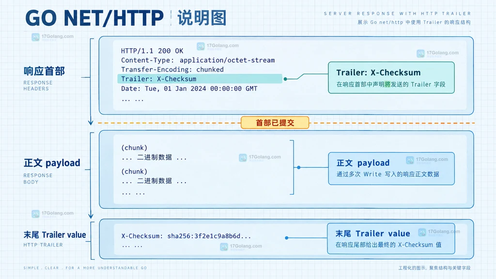 Go net/http 响应中 Trailer 字段名预声明与最终值写入的结构说明图