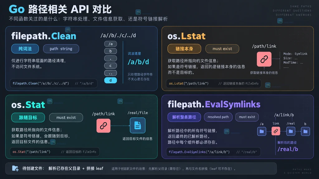 Go filepath Clean Lstat Stat EvalSymlinks 四个 API 职责边界对照图