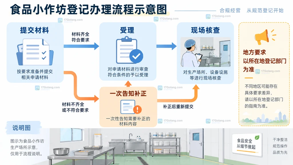 食品小作坊登记从材料提交到补正受理和现场核查的原创关系图