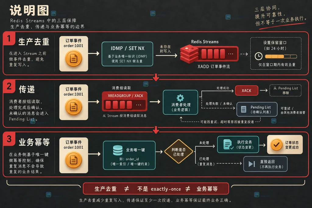Redis Streams 业务幂等键、重复请求与消费确认边界的关系说明图