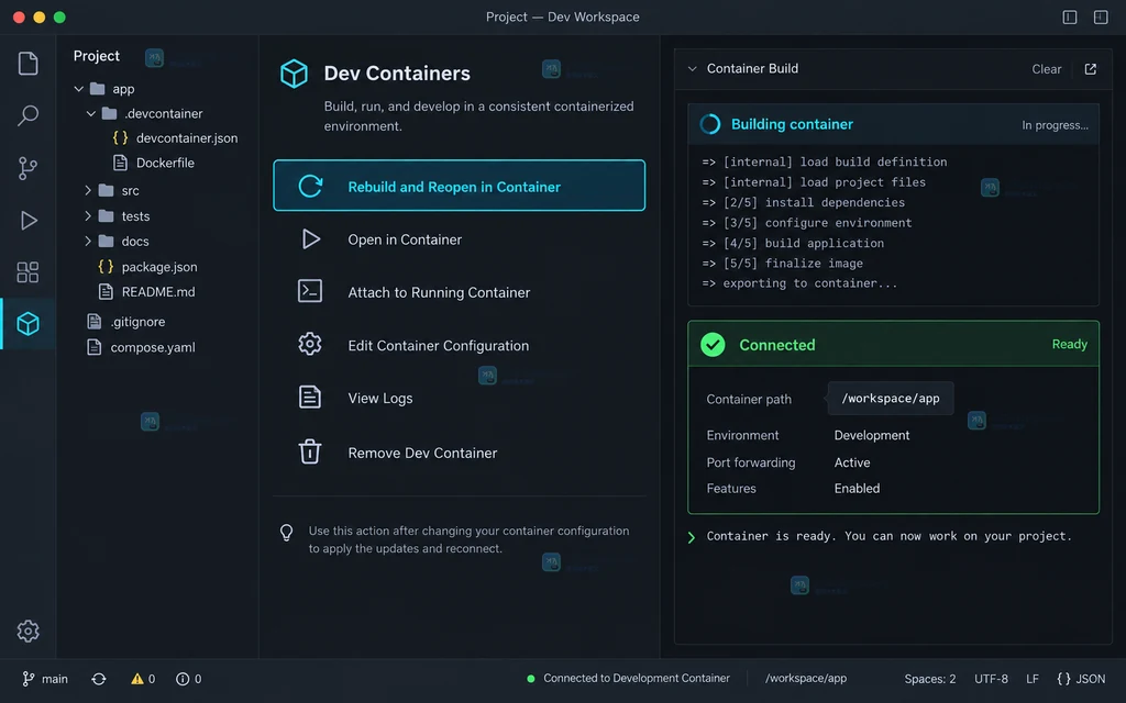 Dev Containers 配置入口和命令面板的原创界面说明图
