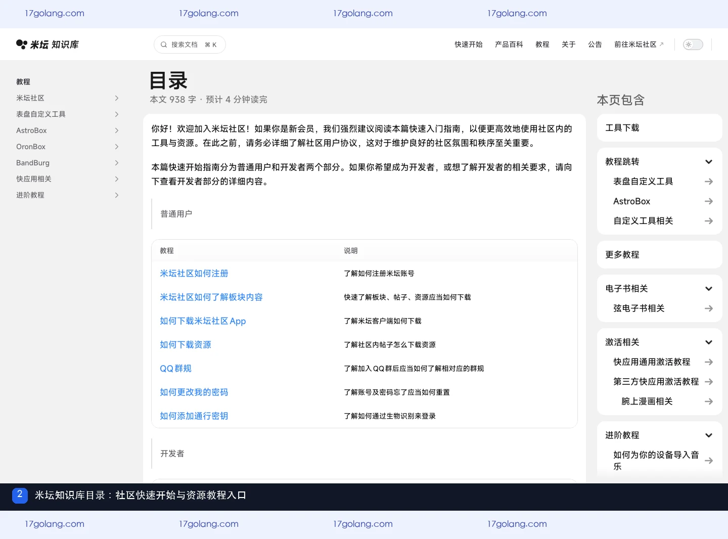 米坛知识库目录展示社区快速开始、教程跳转和资源相关入口