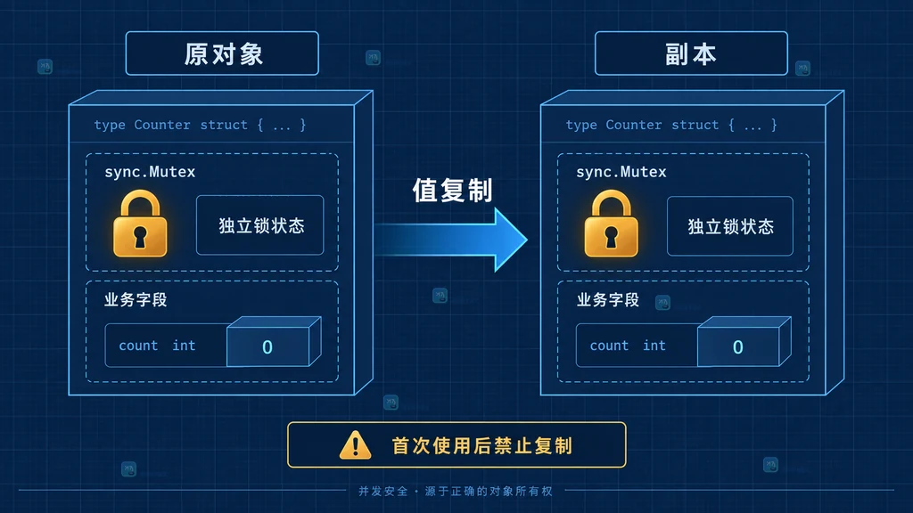 Go sync.Mutex 结构体赋值后原对象与副本拥有独立锁状态的关系说明图