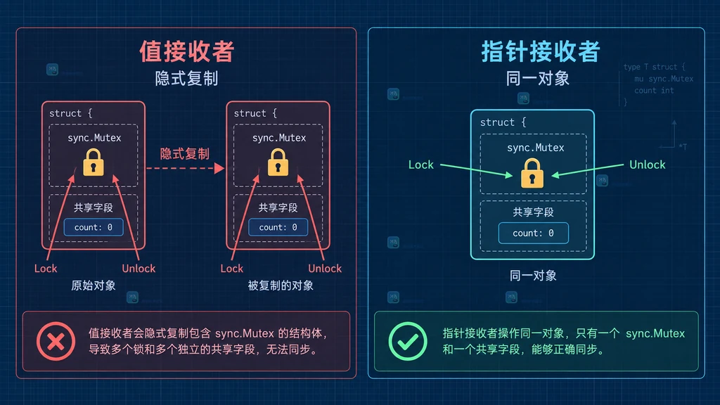 Go 值接收者隐式复制与指针接收者共享同一 Mutex 的对比说明图