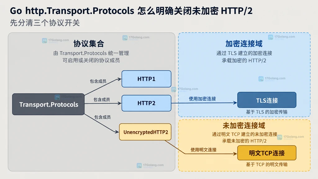 Go http.Transport.Protocols 将HTTP1、加密HTTP2和未加密HTTP2分成不同协议边界的静态说明图