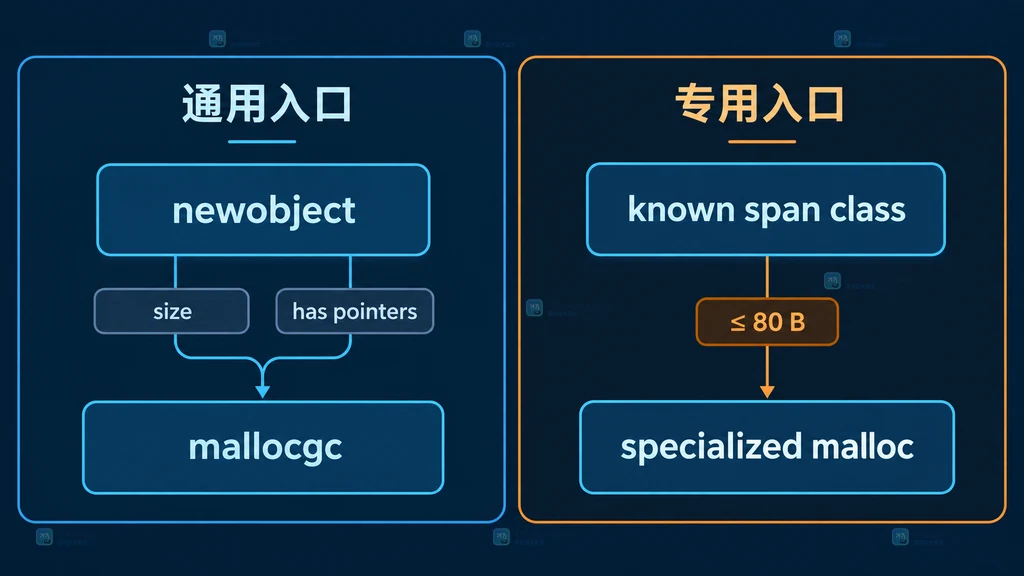 Go 1.27 七个小对象 size class 与指针 span 的原创关系说明图