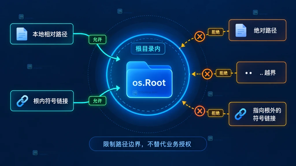 os.Root 对相对路径、绝对路径和符号链接的边界判定图