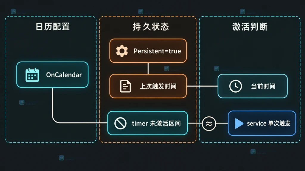 systemd OnCalendar、Persistent 持久时间与 service 单次补触发的静态关系图