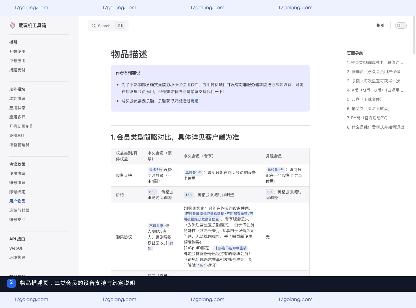 爱玩机物品描述页展示豪华永久、专享永久和月租会员对比