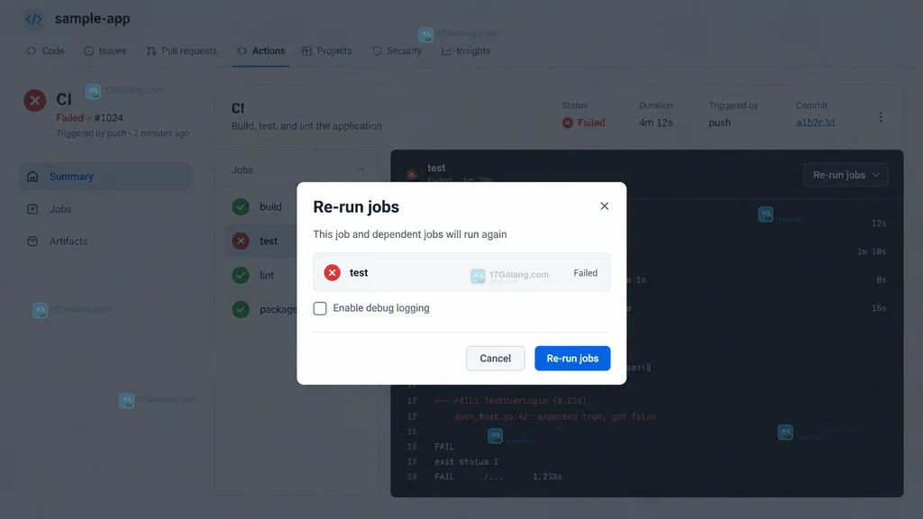 Re-run jobs 确认层、Enable debug logging 选项与提交按钮的原创界面说明图