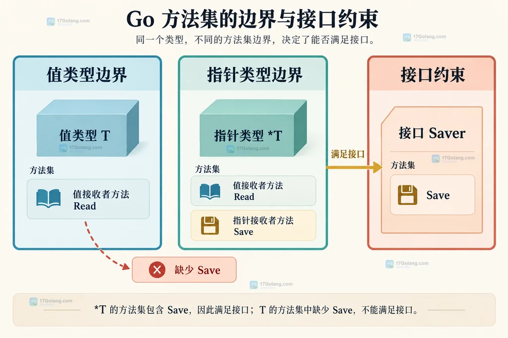 Go 方法调用隐式取地址与接口赋值方法集检查的双路径说明图