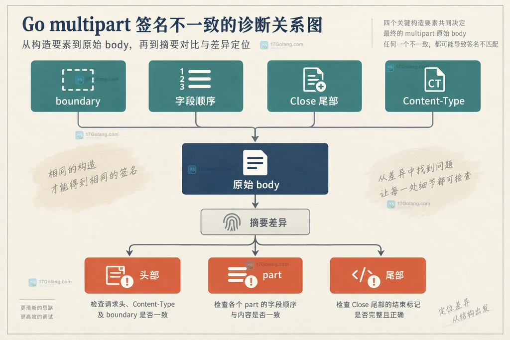 Go multipart.Writer 固定 boundary 后从字段写入到接口签名的静态结构图