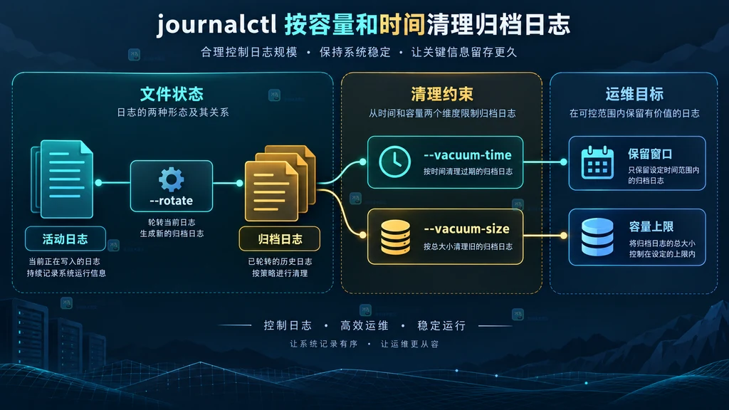 journalctl 活动日志、归档日志与时间容量清理参数的边界关系图