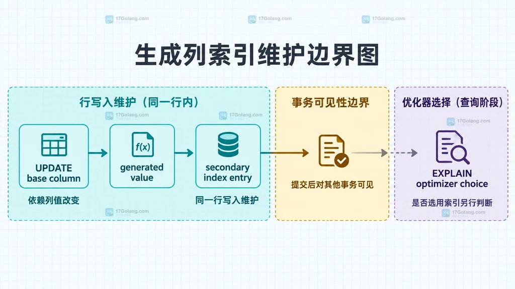 MySQL 生成列值、二级索引项、事务可见性和优化器选择关系图