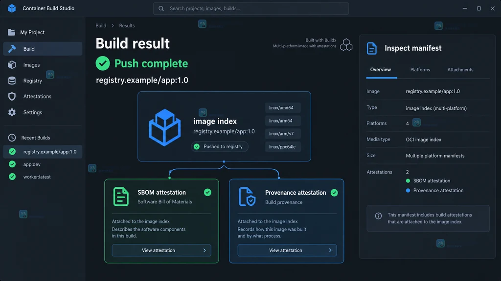Docker Buildx 推送完成后 image index 同时列出 SBOM attestation 与 provenance attestation 的原创结果说明图