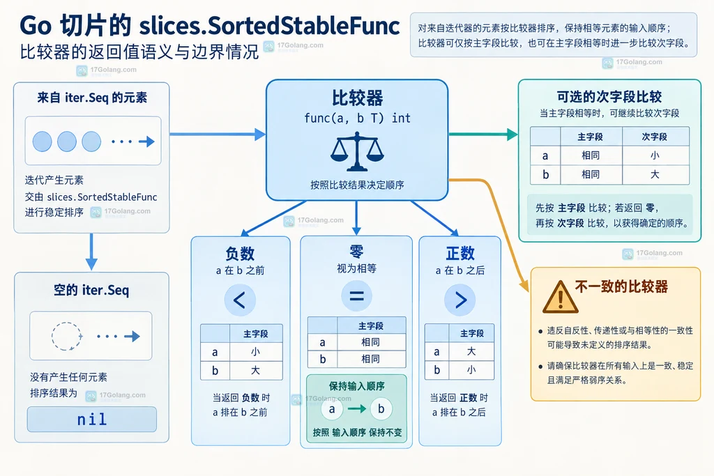 Go slices.SortedStableFunc 从 iter.Seq 收集并稳定排序到新切片的静态结构图