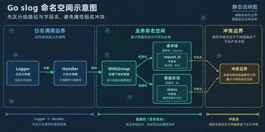 Go slog 自定义 Handler 的 WithGroup、WithAttrs、组栈、属性序列与 JSON 输出静态关系图
