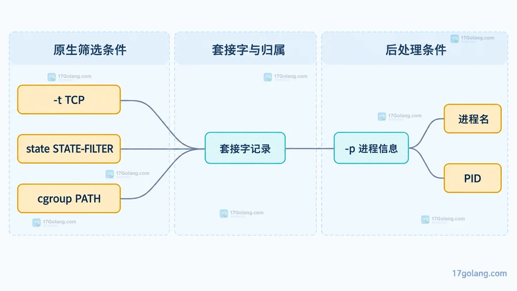 ss 原生状态条件、套接字记录与进程归属字段的静态关系图