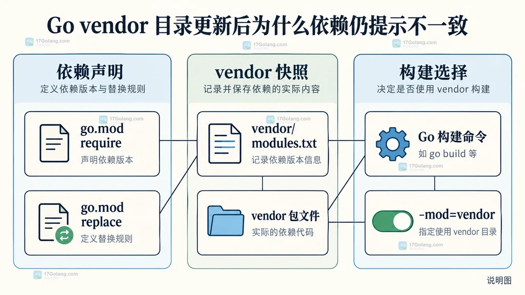 go.mod require、replace、vendor modules.txt、包文件和构建模式的静态一致性关系图