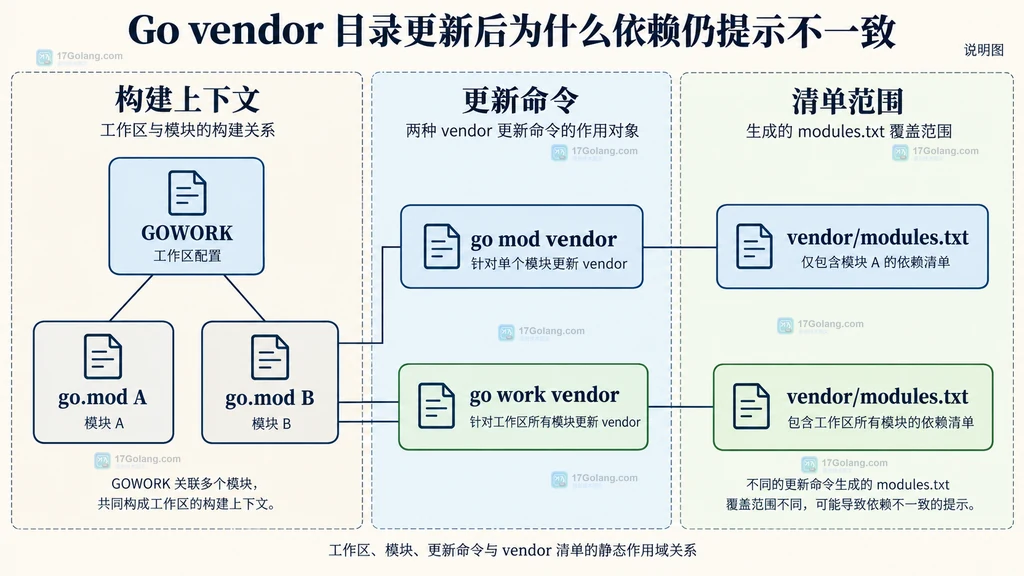 GOWORK、多个 go.mod、go mod vendor、go work vendor 与 modules.txt 的静态作用域图