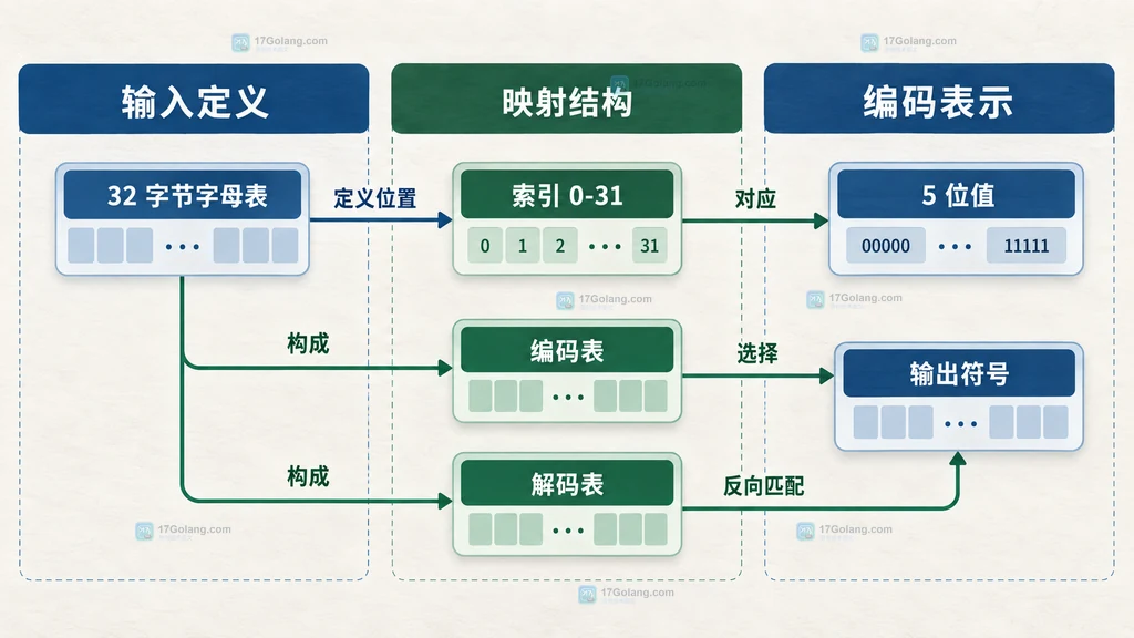 Go Base32 自定义字母表、索引和编解码表之间的静态关系图