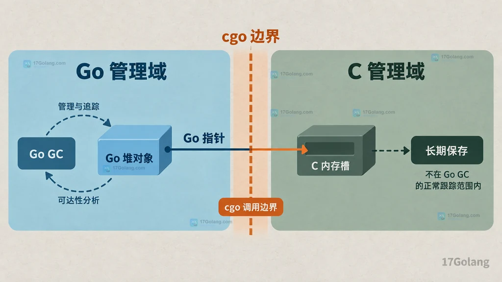 Go 堆对象、Go 指针、Go GC、cgo 边界和 C 内存长期保存关系图
