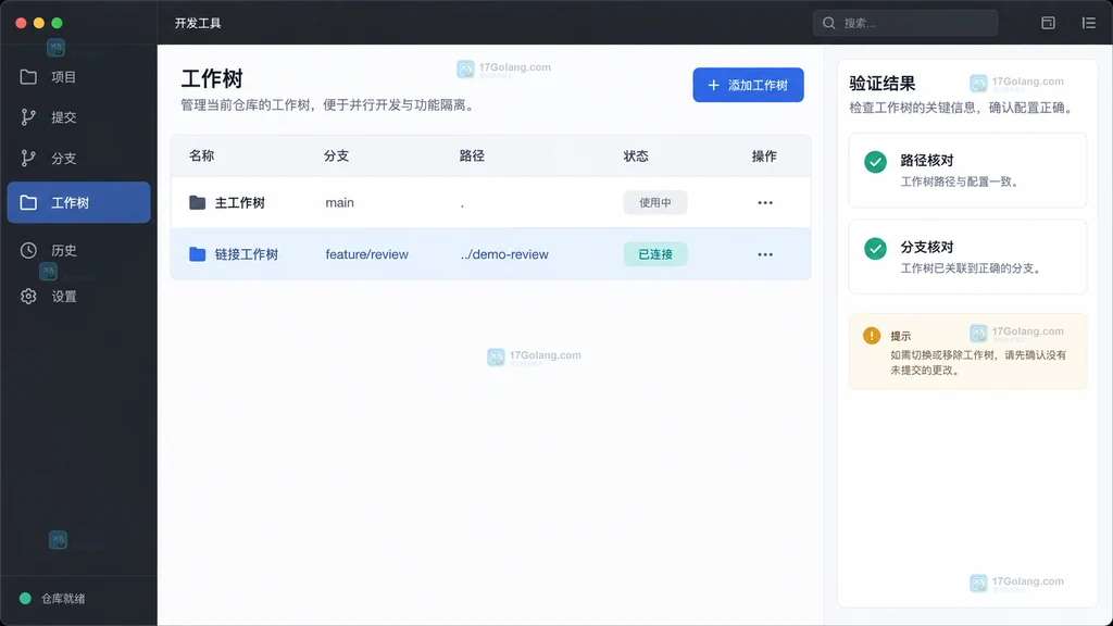 Git worktree 主工作树与链接工作树路径分支核对结果说明图