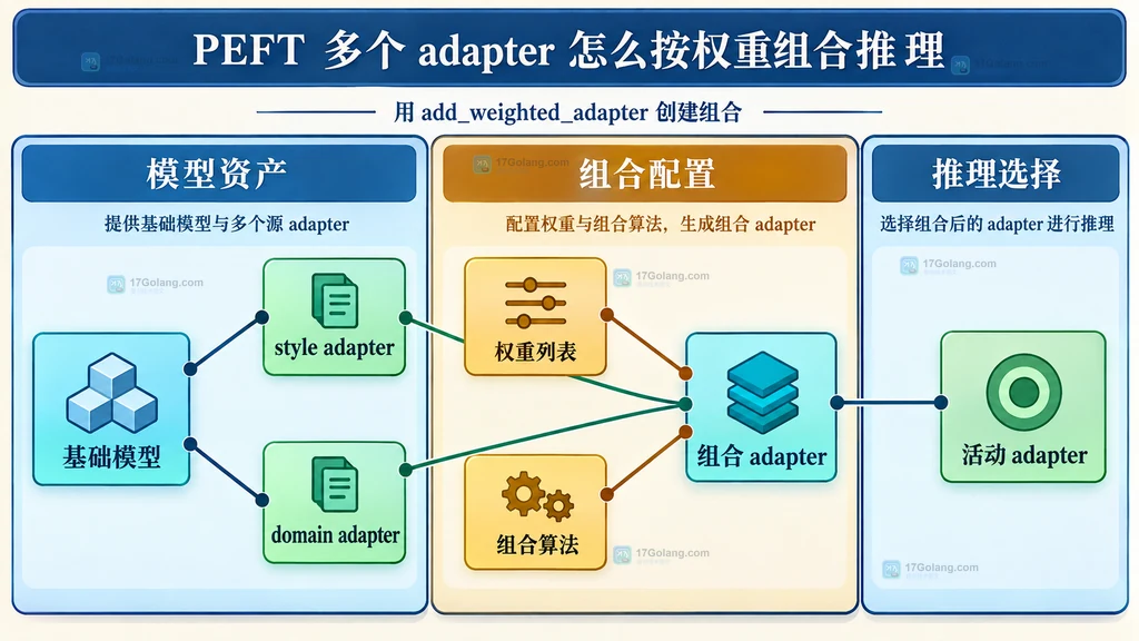 PEFT 多种 adapter 组合策略与 rank、density 和输出尺寸约束的静态关系图