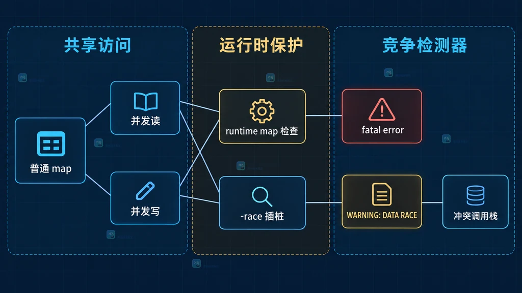Go 普通 map 的 runtime fatal 与 race detector 两套机制静态关系图