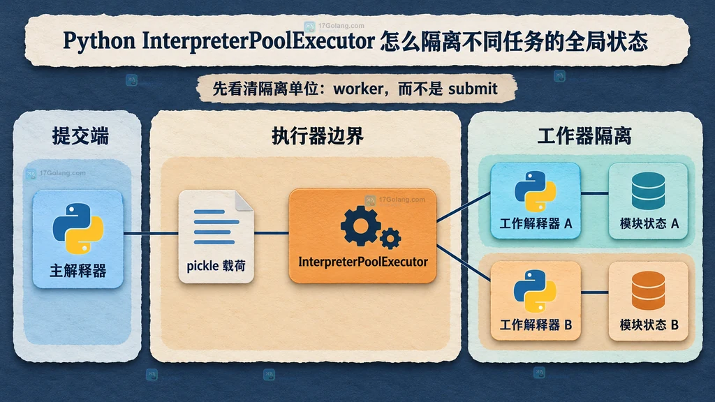 InterpreterPoolExecutor、主解释器、工作解释器和模块全局状态的静态隔离关系图