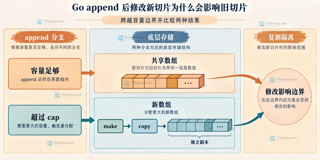 Go append 的容量足够与超过 cap 两条分支，以及 make copy 建立独立副本的关系