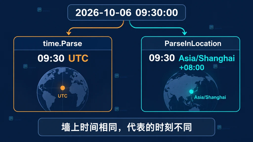 同一无时区文本经 time Parse 与 ParseInLocation 得到 UTC 和 Asia Shanghai 不同时刻的对照