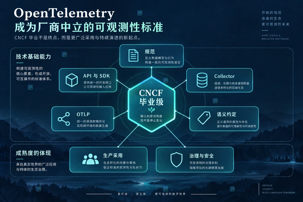 OpenTelemetry CNCF 毕业级与规范、SDK、OTLP、Collector、语义约定和治理采用之间的关系